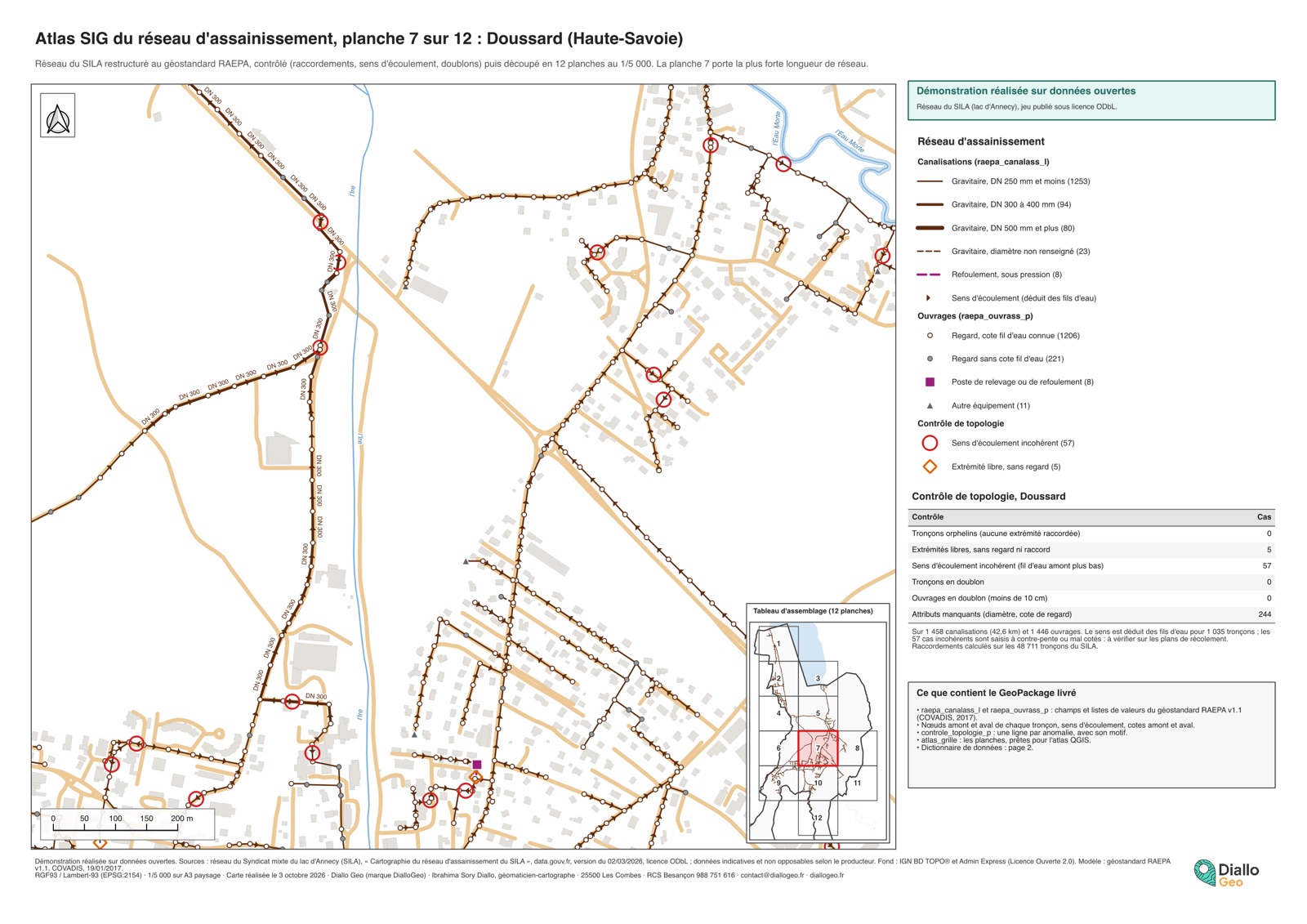 Planche d'atlas A3 du réseau d'assainissement de Doussard : canalisations par type, regards et postes, anomalies de topologie signalées